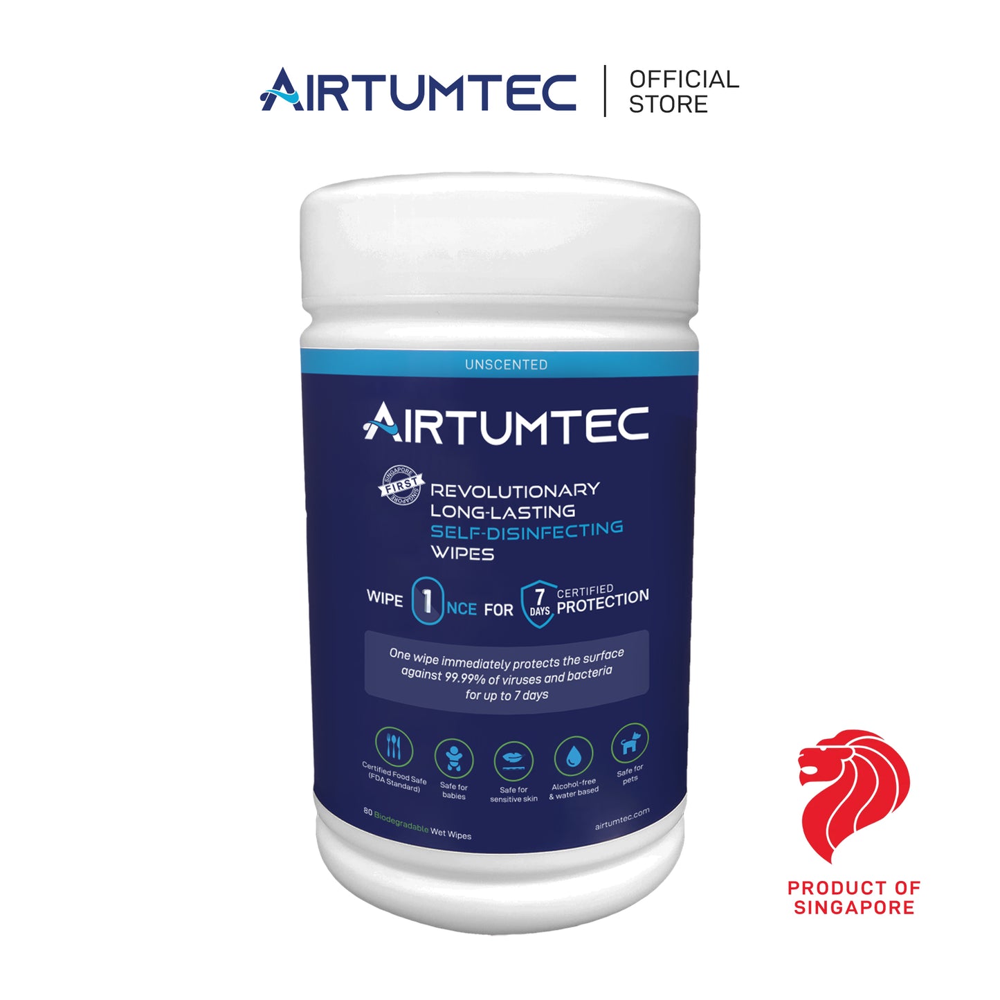 Airtumtec Long Lasting Self-Disinfectant Wipes (80 sheets) - Unscented