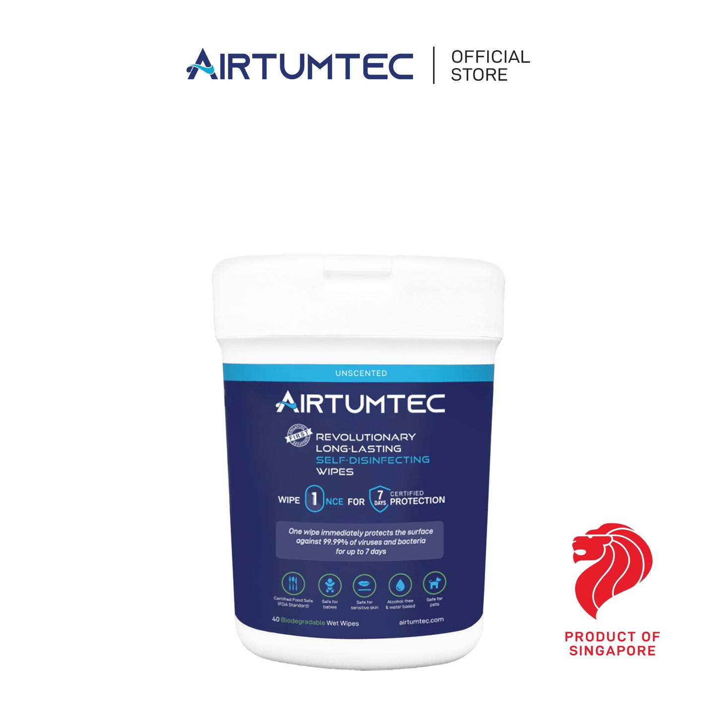 Airtumtec Long-Lasting Self-Disinfecting Wipes (40 sheets) - Unscented